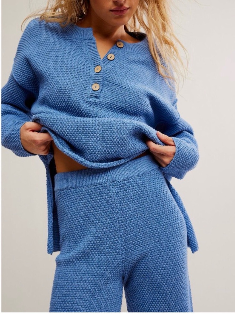 Free People Hailey waffle knit set blue